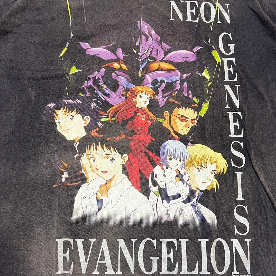 SAINT Mxxxxxx × EVANGELION NEON GNSIS TEE/BLK co-branded Neon Genesis Evangelion distressed short-sleeves, washed black S-XL, vintage NEW VINTAGE, top printing technology, garment dyeing, re-washed, distressed, correct co-branded main mark/washing mark